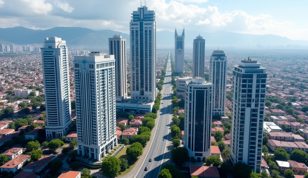 "It generates an aerial view image of an avenue in the city of Arequipa. In the foreground it shows skyscrapers standing out among simpler houses. Of those skyscrapers: - 6 must be residential, white with blue stripes. - 3 must be offices with reflective facades. - 3 must be hotel and commercial, with an elegant and striking design. The buildings have separation between them. "The buildings should be the main focus of the image, while the surroundings should be less prominent."