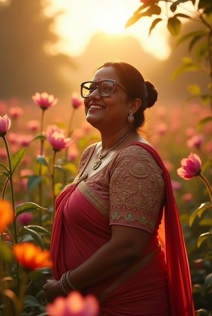 a very short and thick curvy smiling Indian girl with huge saggy mature breasts wearing trendy googles and gorgeous intricate traditional saree and embroidered lacey blouse without bra at a flower garden during golden hour, warm backlit dreamlike atmosphere, soft cinematic focus, anamorphic lens flares, masterpiece, by Zack Snyder,