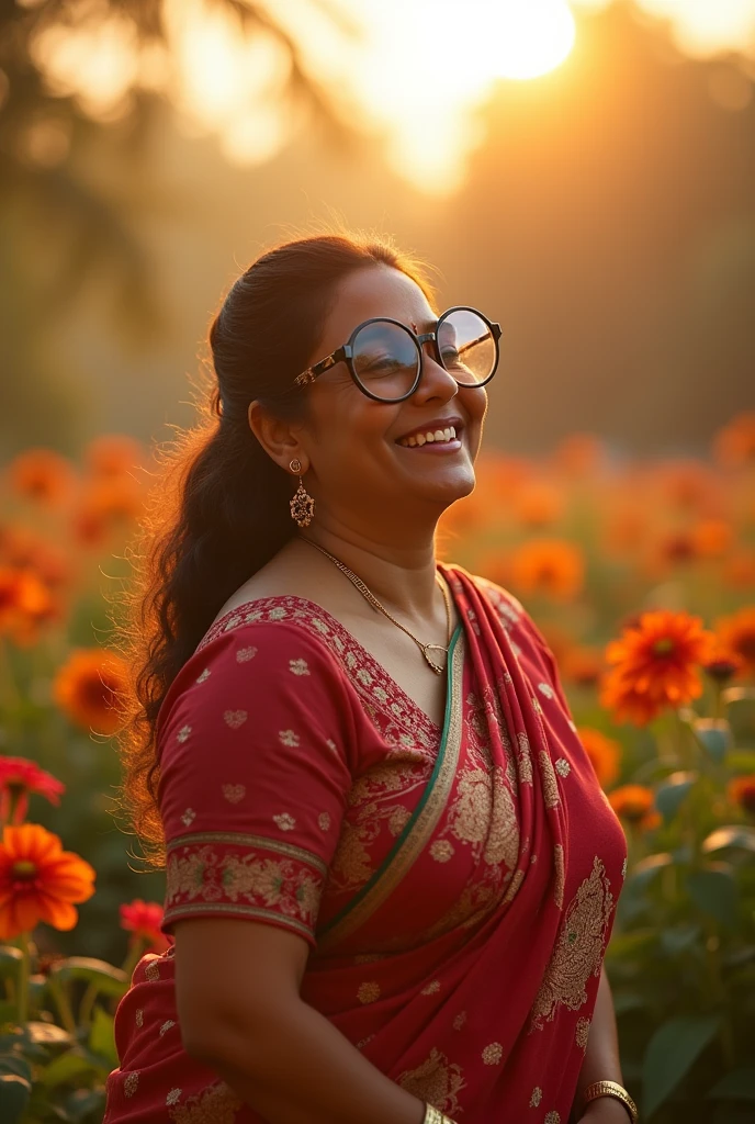 a very short and thick curvy smiling Indian girl with huge saggy mature breasts wearing trendy googles and gorgeous intricate traditional saree and embroidered lacey blouse without bra at a flower garden during golden hour, warm backlit dreamlike atmosphere, soft cinematic focus, anamorphic lens flares, masterpiece, by Zack Snyder,