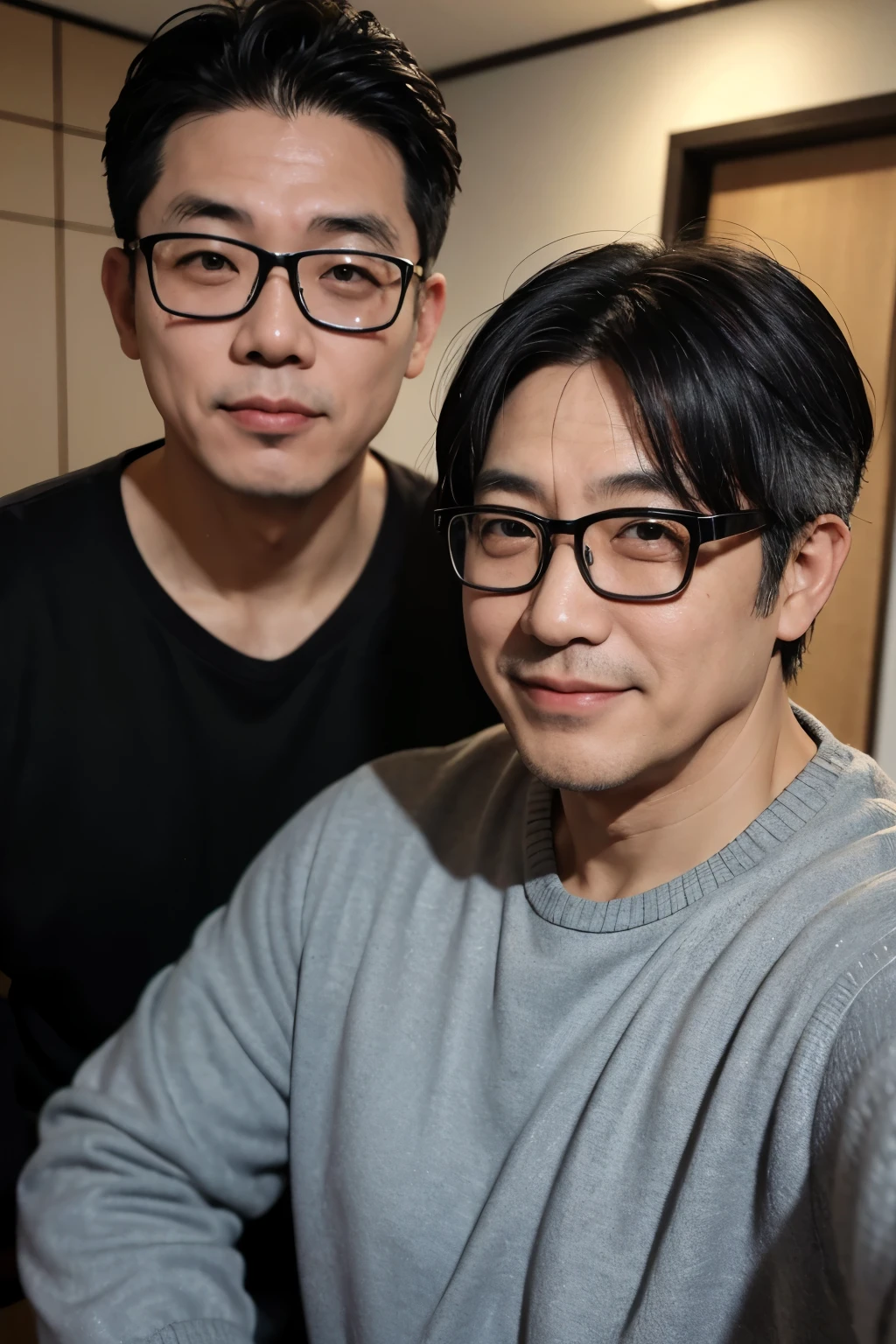 Japanese,50 years old,male,Are fat,Square face contour,smile,Black hair mixed with gray hair,Slightly thinning hair,Kind eyes,Wearing glasses, Photo Quality