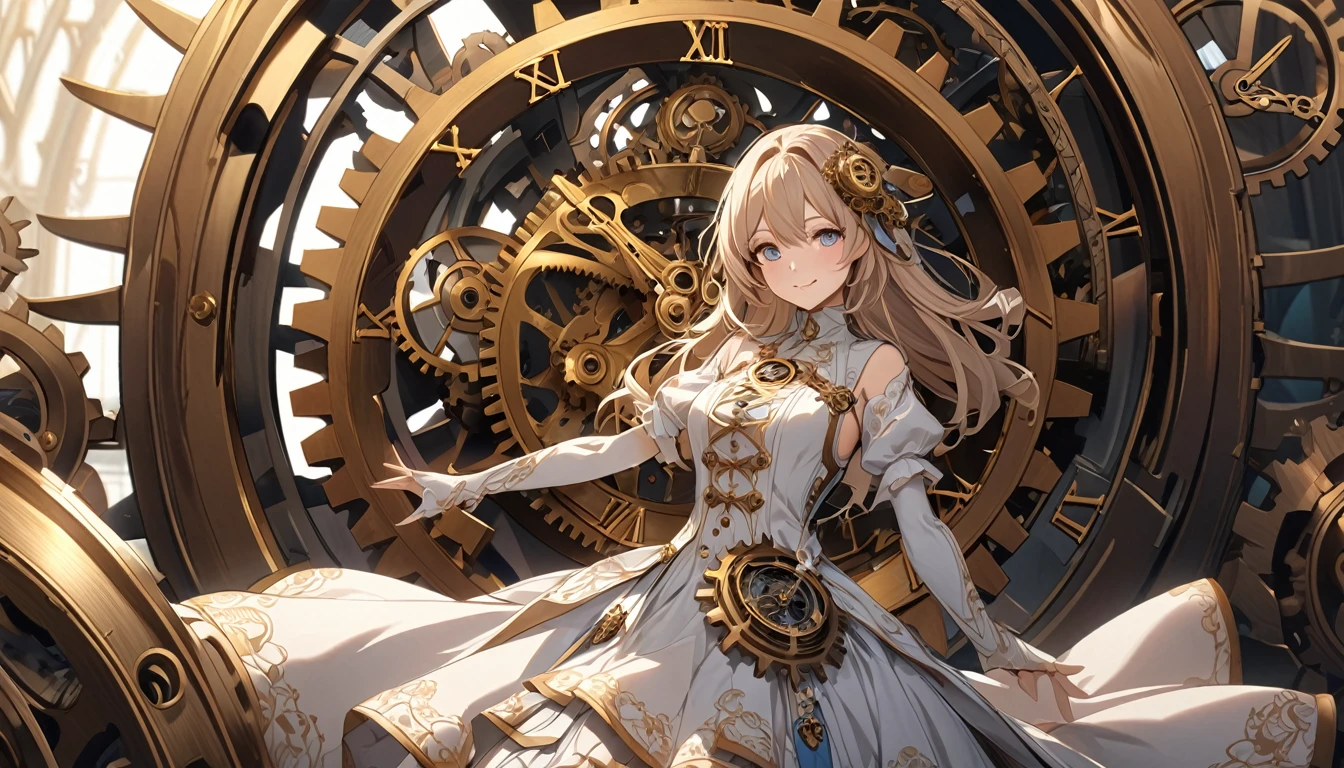 **340. One person。Clock personification。The clock symbolizes the passage of time。Cowboy shot or close-up。
masterpiece, best quality, ultra detailed (Detailed fingers), (Emotional), (Breathtakingly beautiful),
(main part: 1.2 Whole body。), (Anime Style), (Very detailed), (Personification of clock),
(超High resolution, High resolution), (8k), (High resolution: 1.2), (Complex and beautiful: 1.2)**
- background: The gears of a large clock are moving、Complex machine room scene。
- Personification: Young woman, around 1、Wearing a dress with a clock mechanism motif。
-pose: Touching the gears、Time-controlling appearance。
-expression: A calm and gentle smile、Feeling the weight of time。
- Effects: The gears turn、An effect that visually represents the flow of time。
-color: bronze and gold、A color that symbolizes the passage of time and mechanical sophistication。