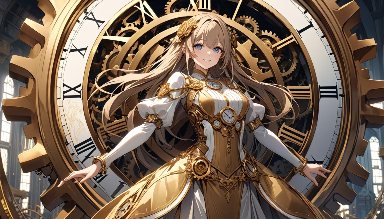 **340. One person。Clock personification。The clock symbolizes the passage of time。Cowboy shot or close-up。
masterpiece, best quality, ultra detailed (Detailed fingers), (Emotional), (Breathtakingly beautiful),
(main part: 1.2 Whole body。), (Anime Style), (Very detailed), (Personification of clock),
(超High resolution, High resolution), (8k), (High resolution: 1.2), (Complex and beautiful: 1.2)**
- background: The gears of a large clock are moving、Complex machine room scene。
- Personification: Young woman, around 1、Wearing a dress with a clock mechanism motif。
-pose: Touching the gears、Time-controlling appearance。
-expression: A calm and gentle smile、Feeling the weight of time。
- Effects: The gears turn、An effect that visually represents the flow of time。
-color: bronze and gold、A color that symbolizes the passage of time and mechanical sophistication。