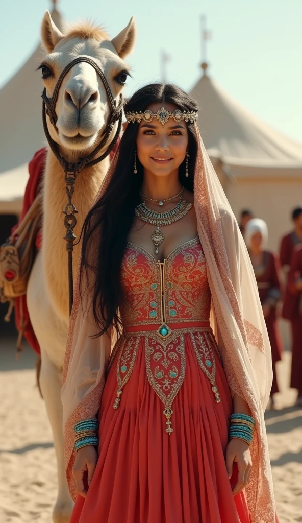 Front view ,Full-body, standing pose, on sand, near sultan tent, (( An Arabian camel, decoration camel harness:1.5)), a Persian ancient girl, looking White horse, exotic Persian girl is 20 years old, (Black hair ,long hair, Brown eye), (Her eyes were outlined with kohl:1.3) , (little Lips, smile), (Gorgeous head band with jewel), (middle breasts, middle hip), (She wore a knee-length light red gorgeous design red gown adorned with intricate embroidery, complemented by light blue bangles and necklaces. A second, longer shawl covered her head and shoulders, Kaunakes ), (framing her face like a White see-through veil), gorgeous sandal, ((Surrealism, UHD, retina, masterpiece, anatomically correct, accurate, textured skin, super detail, high details, high quality, best quality, 8k))