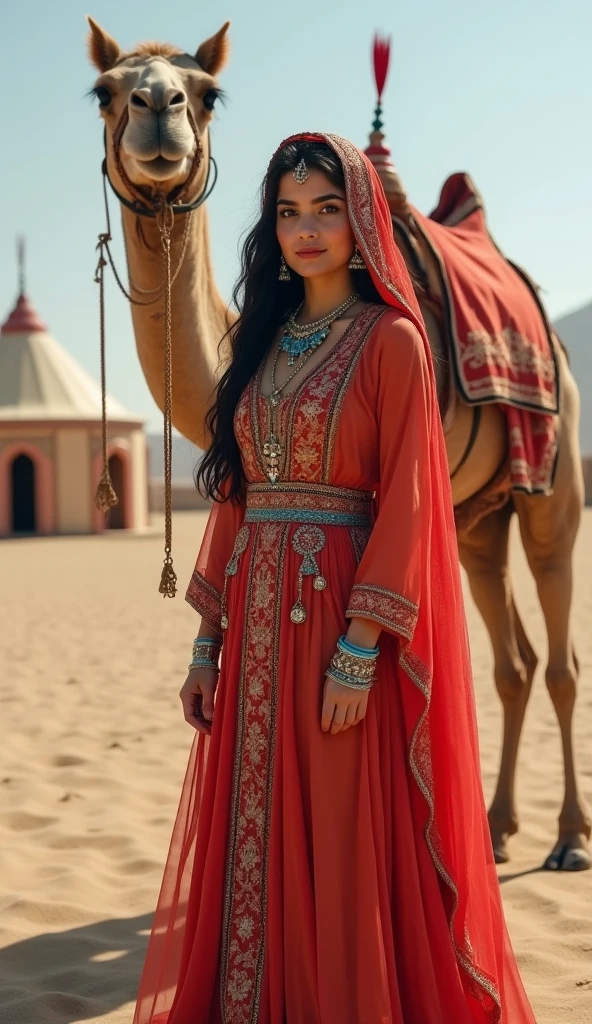 Front view ,Full-body, standing pose, on sand, near sultan tent, (( An Arabian camel, decoration camel harness:1.5)), a Persian ancient girl, looking White horse, exotic Persian girl is 20 years old, (Black hair ,long hair, Brown eye), (Her eyes were outlined with kohl:1.3) , (little Lips, smile), (Gorgeous head band with jewel), (middle breasts, middle hip), (She wore a knee-length light red gorgeous design red gown adorned with intricate embroidery, complemented by light blue bangles and necklaces. A second, longer shawl covered her head and shoulders, Kaunakes ), (framing her face like a White see-through veil), gorgeous sandal, ((Surrealism, UHD, retina, masterpiece, anatomically correct, accurate, textured skin, super detail, high details, high quality, best quality, 8k))