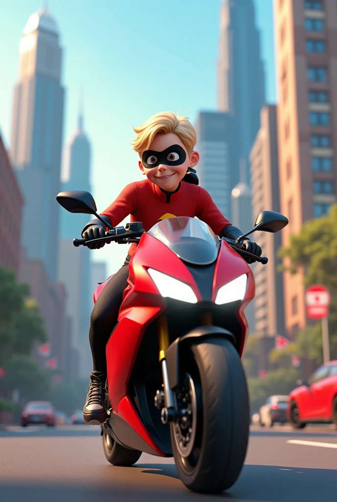  DELIERY DELIVERY MAN, YOUNG TEENAGER, dressed as The Incredibles, bizz motorcycle delivering customer orders 3D character rendering, cartoon character, Character from The Incredibles, character posing, (Pixar-style) (best qualityer) (skin detailed) (detailed texture) (8k) (Argilla) (cinematic lighting) (sharp focus