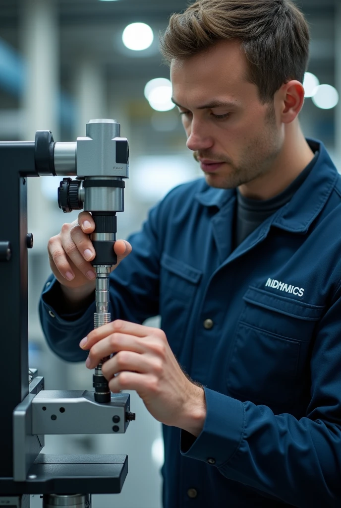 High-resolution image of a male worker wearing a blue industrial uniform performing calibration and verification of a measurement instrument. The worker is carefully adjusting the equipment, with clear details on the calibration process, the measurement device, and the worker's attire. The scene should be well-lit and focused, showcasing a professional setting dedicated to precision and accuracy in industrial calibration.