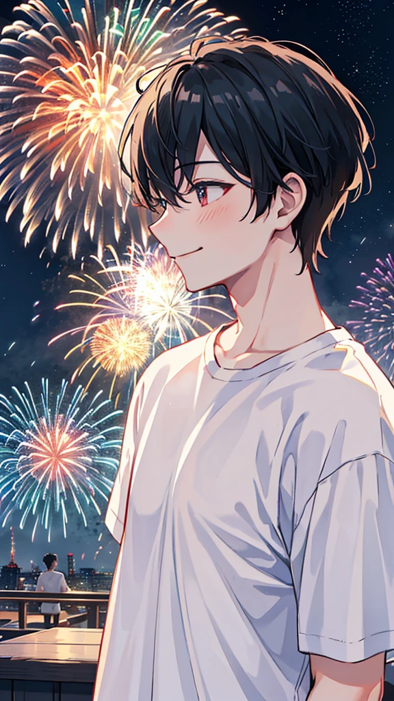 Highest quality、Man watching fireworks from the rooftop、smile、profile、Rooftop、Lots of fireworks、Wearing a white T-shirt、Black Hair、1 male