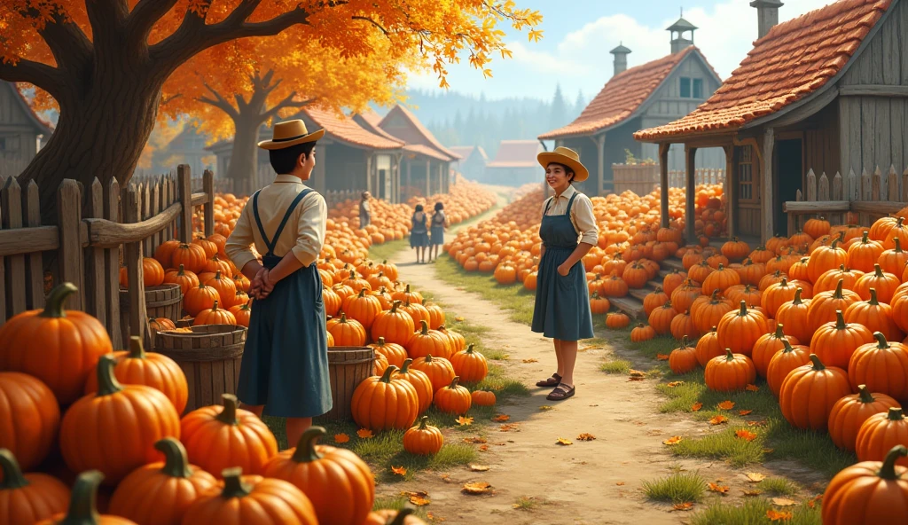In a village pumpkin field many people vendors are standing with pumpkins just like in a fairy tale