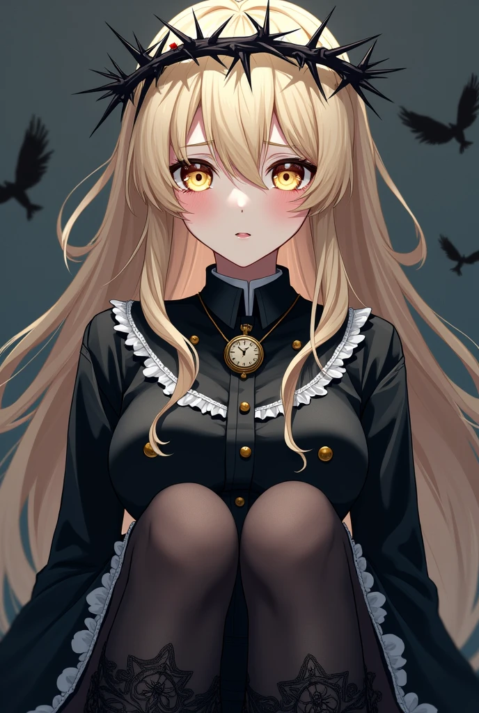 Make an anime style image of a light blonde girl with long, slightly wavy hair who has a black crown of thorns on her head, His eyes are yellow, He has a shirt similar to the one a real soldier would wear (black color and white details) On this one he has an old watch on his shirt, Also, he should wear a black jacket that is integrated with his shirt., She will have black tights with floral lace and high black boots.