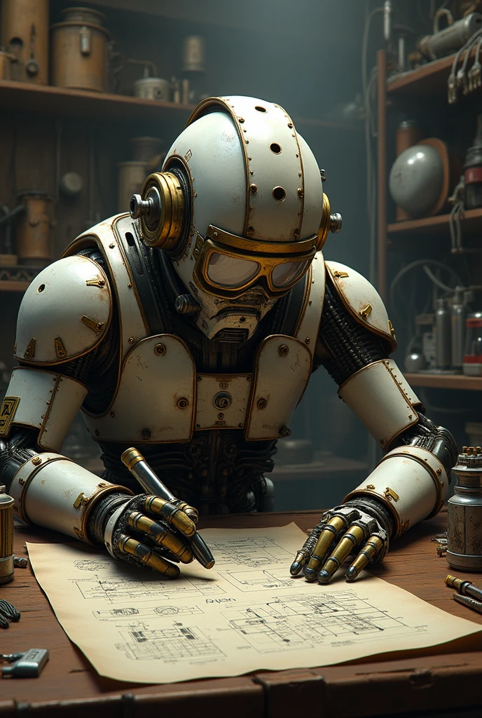 Male robot engineer with steampunk style helmet reading electrical blueprints