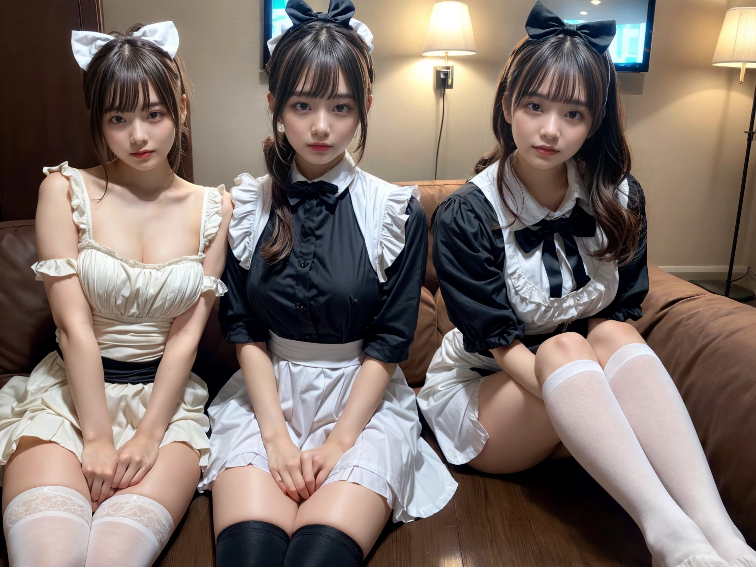 masterpiece, best quality, illustration, Super detailed, fine details, High resolution, 8K,wall paper, perfect dynamic composition,(Details High quality, realistic depiction of eyes:1.3), (2 girls), short hair, (wavy hair:1.2), huge breasts, hotel room, (bow ribbon, Maid, knee high socks:1.3), Aside Cutter Shirt, frill skirt, huge breasts, Don't expose it, ponytail, black hair color, Big Natural Color Lip, perfect body shape, bold sexy pose, crying a little、Harajuku style、20 year old girl、cute type、lolita、beautiful legs, full body photo、hposing Gravure Idol