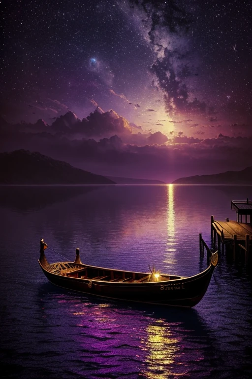 painting of a boat in the water with people on it, a surrealist painting inspired by gaston bussiere, shutterstock, gothic art, moonlit purple sky, moonlit backdrop, mystical night, victorian harbour night, dream scenery art, deep dark purple waters, baroque painting. star lit sky, detailed dreamscape, fantasy victorian art, fantasy. gondola boat