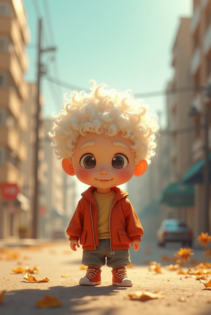 A chubby boy,White curly hair,strong,optimism,Sunlight,Depth of Field,city environment,Lack of metal,Surreal minimalist shadows,Luo Erchun,