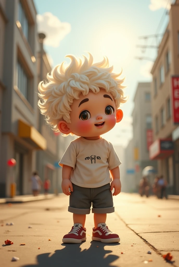 A chubby boy,White curly hair,strong,optimism,Sunlight,Depth of Field,city environment,Lack of metal,Surreal minimalist shadows,Luo Erchun,