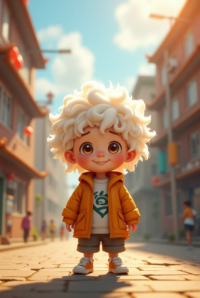 A chubby boy,White curly hair,strong,optimism,Sunlight,Depth of Field,city environment,Lack of metal,Surreal minimalist shadows,Luo Erchun,