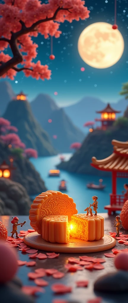 A captivating night scene in 3D art style, showcasing a tranquil Mid-Autumn Festival. The scene is filled with miniature mooncakes, tiny figures sawing and transporting mooncakes under an osmanthus tree. A half mooncake with molten filling sits on the desktop, with osmanthus petals scattered around. The moon hangs in the sky, illuminating colorful mountains, winding rivers, small boats, and little houses in a Chinese landscape painting style. A small pavilion sits on a mountain, with natural light from the silver moon gently illuminating the surroundings. The sky unfolds like velvet soaked in ink, dotted with countless twinkling stars resembling celestial gems. The environment is bathed in the soft glow of the stars and the moon, creating a dreamy, surreal atmosphere. The art is rendered with vibrant colors, high contrast, and a dopamine color scheme, evoking a Y2K style with a three-dimensional ancient Eastern poetic painting theme.