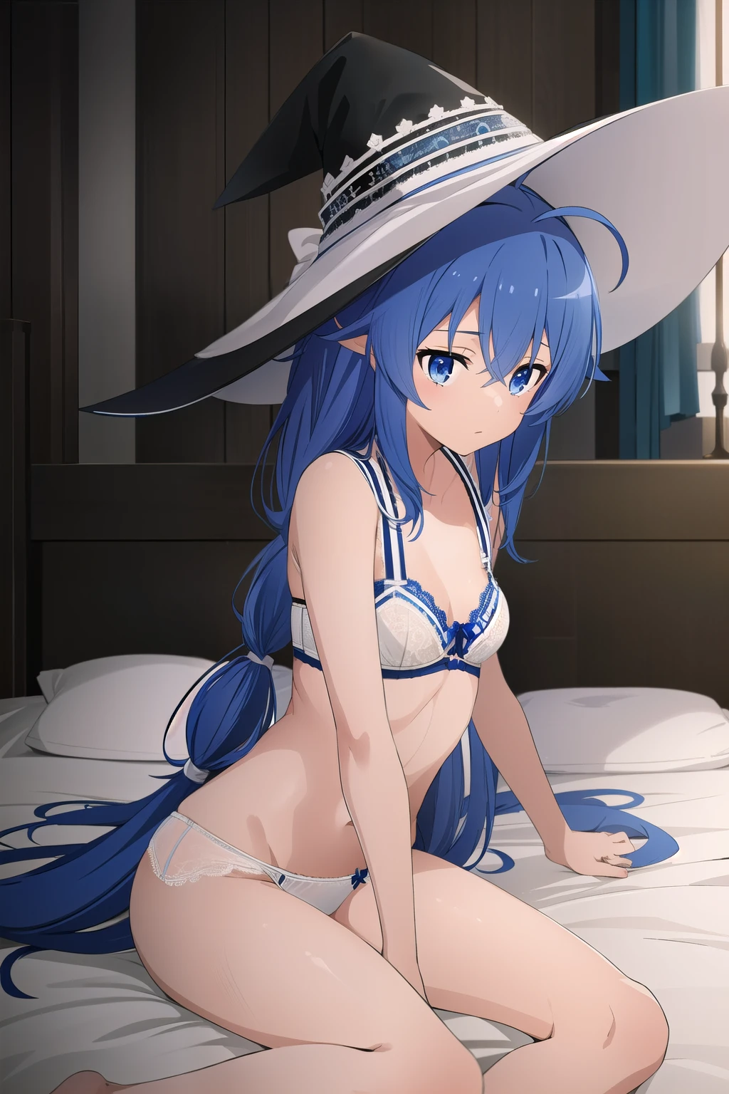 (masterpiece), (Highest quality), One girl, (Roxy Migurdia), Blue Hair, Long Hair, Hair between the eyes, Ahoge, Twin Blade, blue eyes, witch hat, Small breasts, looking at viewer, (white Lace bra: 1.2), (white Lace panties: 1.2), (squatting), spread legs, cowboy shot, indoor, bed room