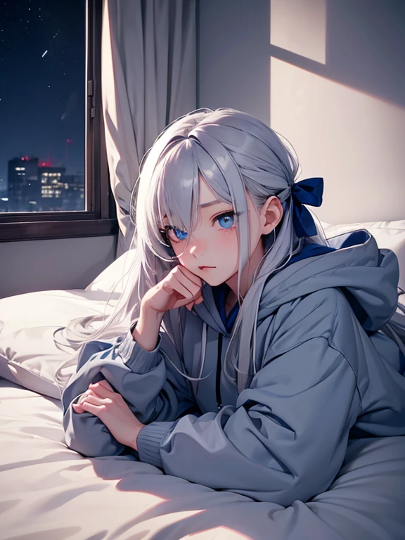 Lie down in bed、night、Sleeping in the room、1 girl,albino, cute, gray hair、beautiful, long hair, Blue eyes, Wearing a hoodie jacket, hair with ribbon,night light ((8k, Hmm, surreal))、Shorten your hair