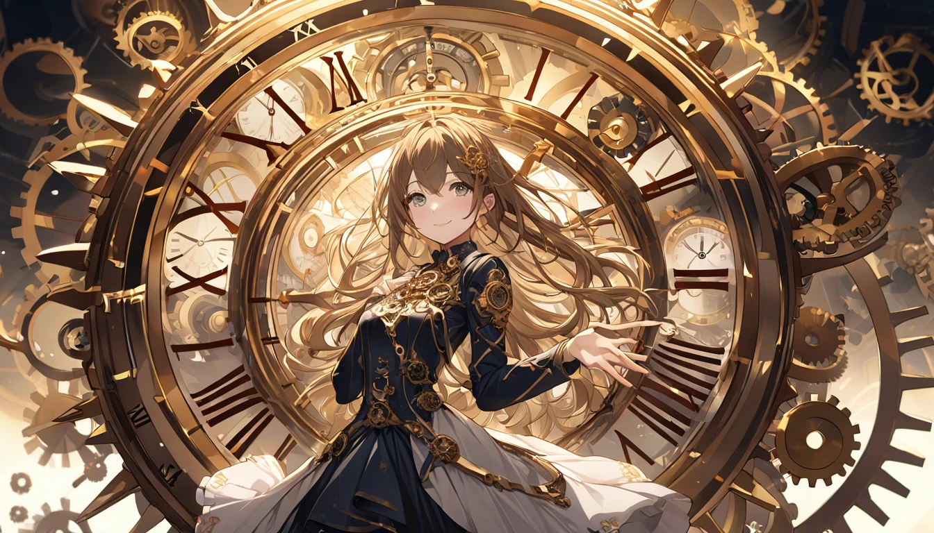 **340. One person。Clock personification。The clock symbolizes the passage of time。Cowboy shot or close-up。
masterpiece, best quality, ultra detailed (Detailed fingers), (Emotional), (Breathtakingly beautiful),
(main part: 1.2 Whole body。), (Anime Style), (Very detailed), (Personification of clock),
(超High resolution, High resolution), (8k), (High resolution: 1.2), (Complex and beautiful: 1.2)**
- background: The gears of a large clock are moving、Complex machine room scene。
- Personification: Young woman, around 1、Wearing a dress with a clock mechanism motif。
-pose: Touching the gears、Time-controlling appearance。
-expression: A calm and gentle smile、Feeling the weight of time。
- Effects: The gears turn、An effect that visually represents the flow of time。
-color: bronze and gold、A color that symbolizes the passage of time and mechanical sophistication。