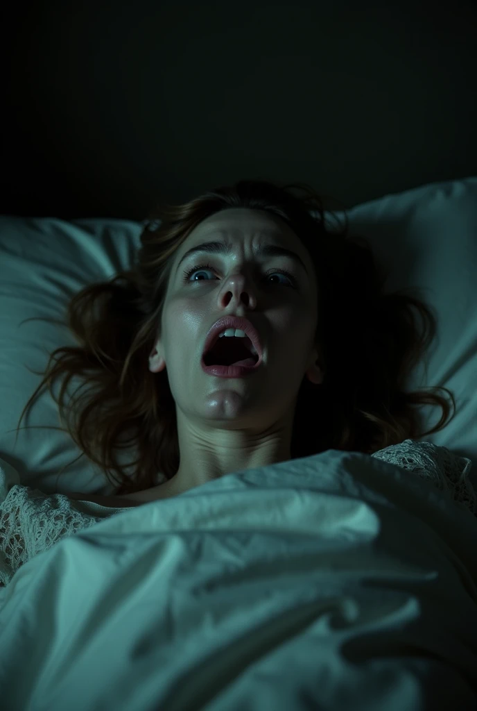 A woman lying on the bed with a creepy shocked expression on her face
