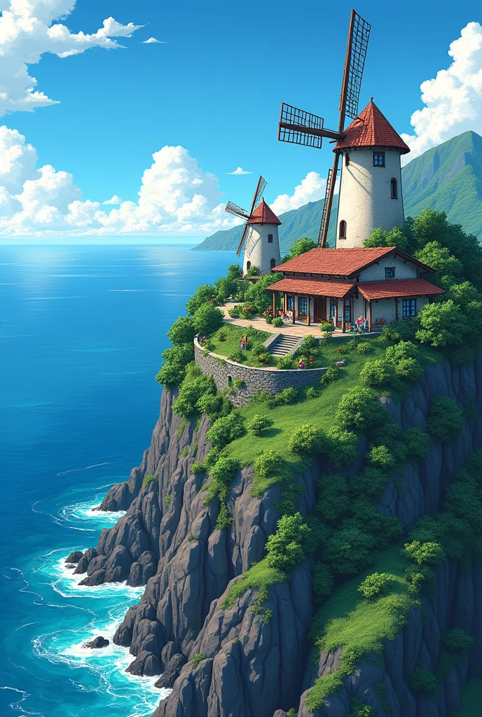 A anime serene coastal house on a cliff, with windmills and lush gardens, where villagers tend to their crops while gazing out at the endless sea. anime realistic illustration style serene and romantic.Hawaii, gta vice style , illustration , reteo comic illustration moody, melancholic, vibrant color, detailed, akira --ar 16-9 --niji 6