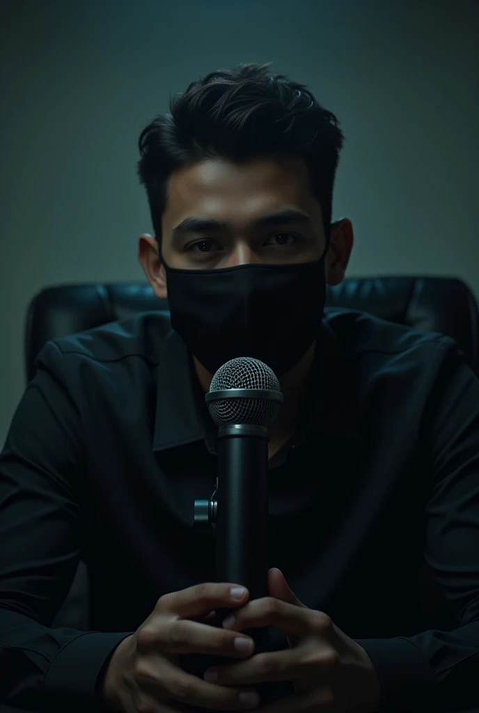 A young man wearing a black mask is sitting on a chair and has a voice recording mic in front of him and is looking ahead as if he is telling us something. image size 16:9