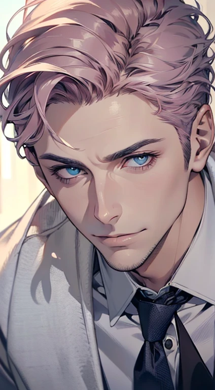 (best quality,4k,8k,highres,masterpiece:1.2),ultra-detailed,(realistic,photorealistic,photo-realistic:1.37),1 man,3,mature man,very handsome,without expression,smile,short grey pink hair,blue eyes,penetrating gaze,perfect face without errors,imposing posture,businessman,office background,cinematic lighting,hdr image