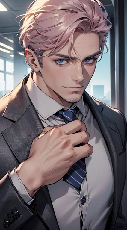 (best quality,4k,8k,highres,masterpiece:1.2),ultra-detailed,(realistic,photorealistic,photo-realistic:1.37),1 man,3,mature man,very handsome,without expression,smile,short grey pink hair,blue eyes,penetrating gaze,perfect face without errors,imposing posture,businessman,office background,cinematic lighting,hdr image