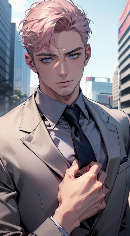 (best quality,4k,8k,highres,masterpiece:1.2),ultra-detailed,(realistic,photorealistic,photo-realistic:1.37),1 man,3,mature man,very handsome,without expression,smile,short grey pink hair,blue eyes,penetrating gaze,perfect face without errors,imposing posture,businessman,office background,cinematic lighting,hdr image