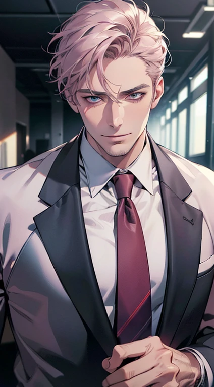 (best quality,4k,8k,highres,masterpiece:1.2),ultra-detailed,(realistic,photorealistic,photo-realistic:1.37),1 man,3,mature man,very handsome,without expression,smile,short grey pink hair,blue eyes,penetrating gaze,perfect face without errors,imposing posture,businessman,office background,cinematic lighting,hdr image