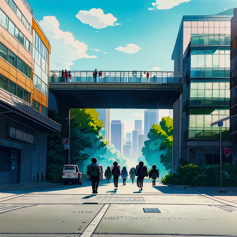 "Create a 4K anime-style scene depicting a group of boys heading to school. The boys are outside the school building, riding their bicycles on a wide, clean sidewalk. The school is modern, with large windows and a sleek design, located near a bustling shopping mall. In the background, a busy highway runs parallel to the school, with cars and trucks moving in both directions. The sky is bright and clear, adding a vibrant atmosphere to the scene. The boys are smiling, wearing their school uniforms, with backpacks slung over their shoulders, ready for a day of learning and adventure."
