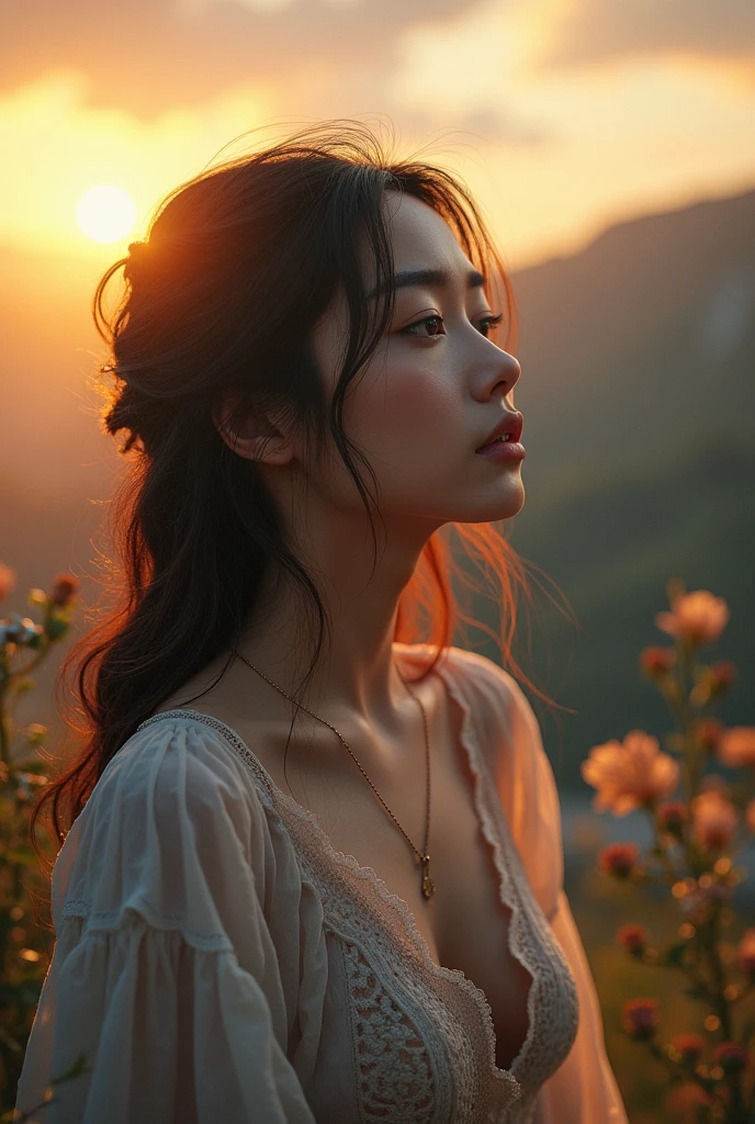 a serene, reflective person looking towards the horizon, 1 person, detailed portrait, beautiful detailed eyes, beautiful detailed lips, extremely detailed face, long eyelashes, peaceful expression, standing outdoors, scenic landscape background, dramatic lighting, warm golden hour lighting, (best quality,4k,8k,highres,masterpiece:1.2),ultra-detailed,(realistic,photorealistic,photo-realistic:1.37)