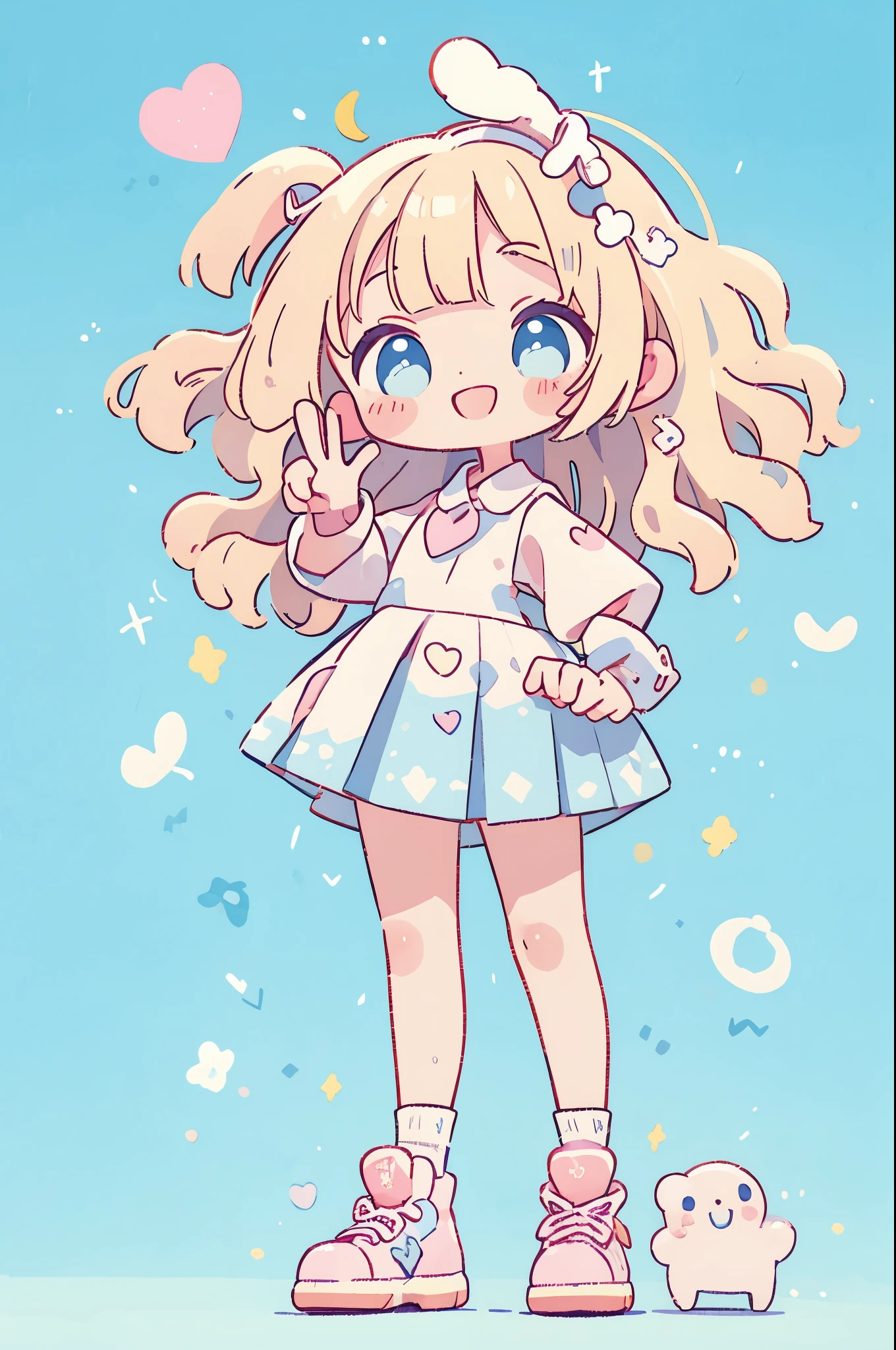 high resolution,smile,laugh,woman,woman1人,adult,Clear,cute,from front,
((chibi)),
((peace sign)),
Sparkling eyes,
blunt bangs,wavy hair,Blonde Hair,BREAK,
Light blue eyes,BREAK,
high school girl,uniform,White shirt,BREAK,Pink mini pleated skirt,BREAK,
White socks,White sneakers,BREAK,
Heart Hairpin,BREAK,
Facing forward,BREAK,Light blue background,