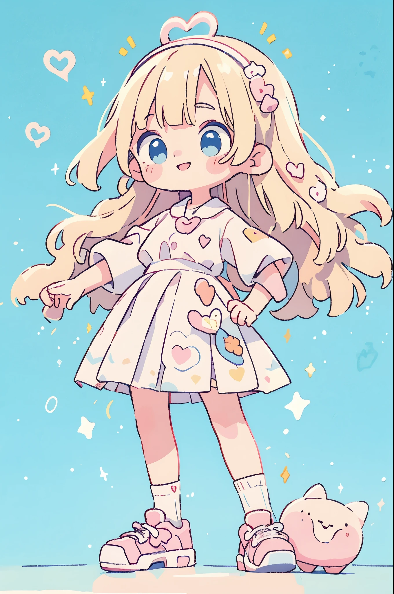 high resolution,smile,laugh,woman,woman1人,adult,Clear,cute,from front,
((chibi)),
((peace sign)),
Sparkling eyes,
blunt bangs,wavy hair,Blonde Hair,BREAK,
Light blue eyes,BREAK,
high school girl,uniform,White shirt,BREAK,Pink mini pleated skirt,BREAK,
White socks,White sneakers,BREAK,
Heart Hairpin,BREAK,
Facing forward,BREAK,Light blue background,