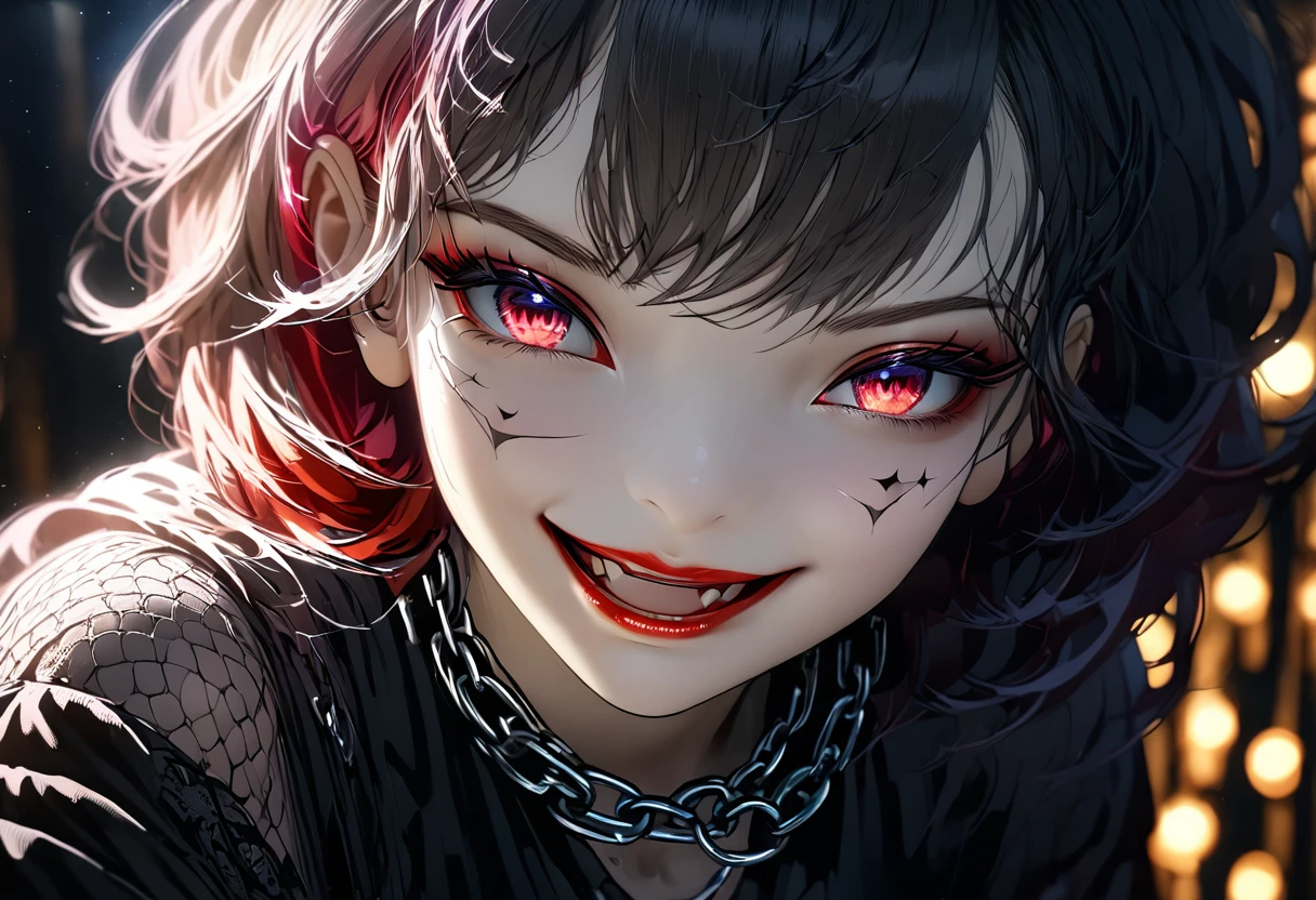 uhd, textured skin, good quality, High details, masterpiece, best quality, (Amazingly absurd:1.2), (masterpiece:1.2), romper, Evil smirking Little Vampire child imprisoned by chains, sparkling effects, light effects, close up shot
