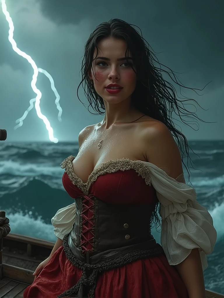 (masterpiece, UHD. Raw. Photorealistic.) (medium full shot) an ultra hot gorgeous European woman.age 23. Epic cleavage. (100 E SIZE). Red full lips. Blush.smiling,smirking.jaw-dropping beauty, perfect proportions, voluptuous hourglass body. She.’s a 16th century pirate beauty.hard tropical sea. Black storm cloud. Lightning.wind. At hair, wet clothes. Oily skin. Sheer lace.