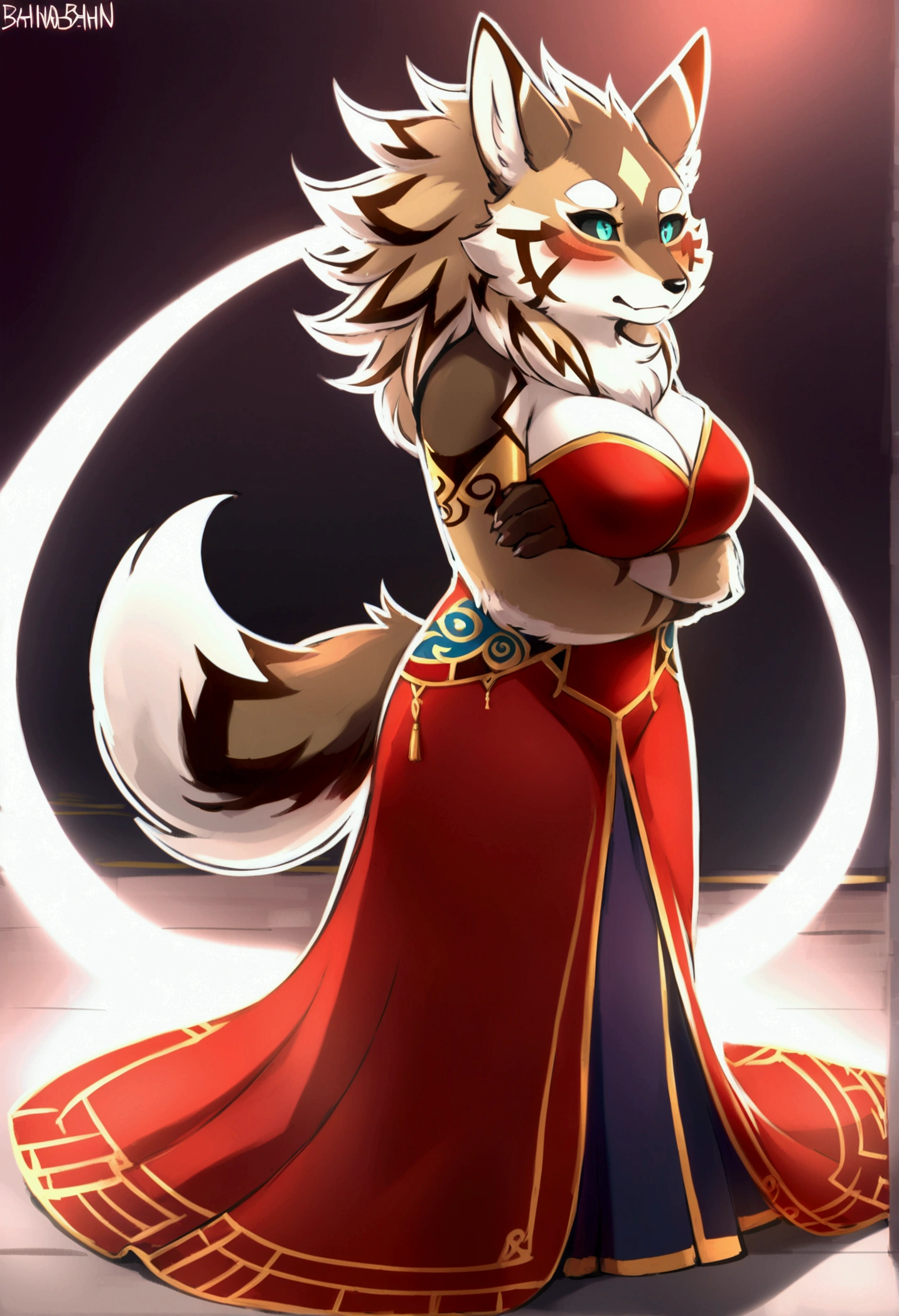 top quality, best quality, by bahnbahn, High-quality illustrations, masterpiece), (kemono, furry anthro), very beautiful and detailed body face and eyes, round, 1 female, jackal, Seth, (Tokyo Afterschool Summoners), slightly chubby, mature face, brown furs, fluffy, tail, big breasts, perfect eyes, green sclera eyes, beautiful chinese evening dress, body movement, body twitching, red blushing, clumsy,