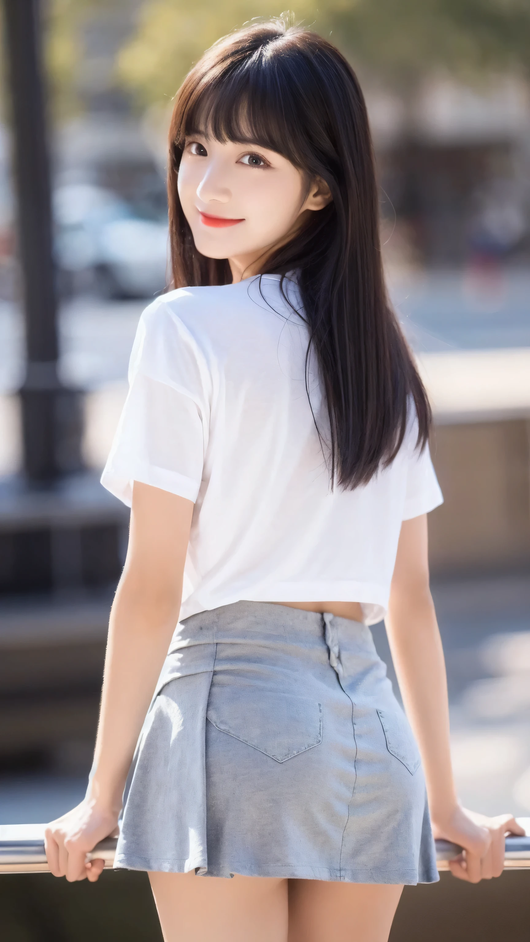 (8k, RAW Photo, Best Quality, Masterpiece:1.2), table top, Ultra Detail, Super Resolution, (Realistic, Realistic Photo:1.37), Portrait, High Detail RAW Color Photo, Professional Photo, Extremely Detailed and Beautiful, Extremely detailed, 8k wallpaper, amazing and detailed, huge file size, official art, highly detailed CG unity 8k wallpaper, highly detailed beautiful girl, highly detailed face, highly detailed eyes, highly detailed skin, highly detailed fingers, highly detailed nose, very detailed detailed mouth , perfect anatomy, highly detailed background, highly detailed clothes, 1girl, 1 girl, cute girl, realistic body, fair skin, glowing skin , slim body, handsome body, black hair , semilong hair, (blunt bangs:1.2), smile, cute, youthful, cute face, realistic face, delicate eyes, drooping eyes, looking at viewer, facing front, standing posture, Contraposto, (medium chest), (Perfect Body Proportions), (slender Body Proportions), super sexy pose, (White T-shirt)), ((mini-skirt)), (standing bar), (photo from behind),
