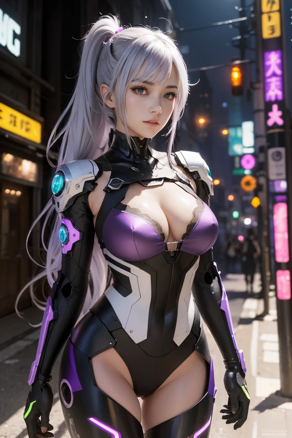 masterpiece, best quality, illustration, beautiful detailed eyes, colorful background, mechanical prosthesis, mecha coverage, emerging dark purple across with white hair, pig tails, disheveled hair, fluorescent purple, cool movement, rose red eyes, beatiful detailed cyberpunk city, multicolored hair, beautiful detailed glow, 1 girl, expressionless, cold expression, insanity, long bangs, long hair, lace, dynamic composition, motion, ultra - detailed, incredibly detailed, a lot of details, amazing fine details and brush strokes, smooth, hd semirealistic anime cg concept art digital painting, cyborg style,