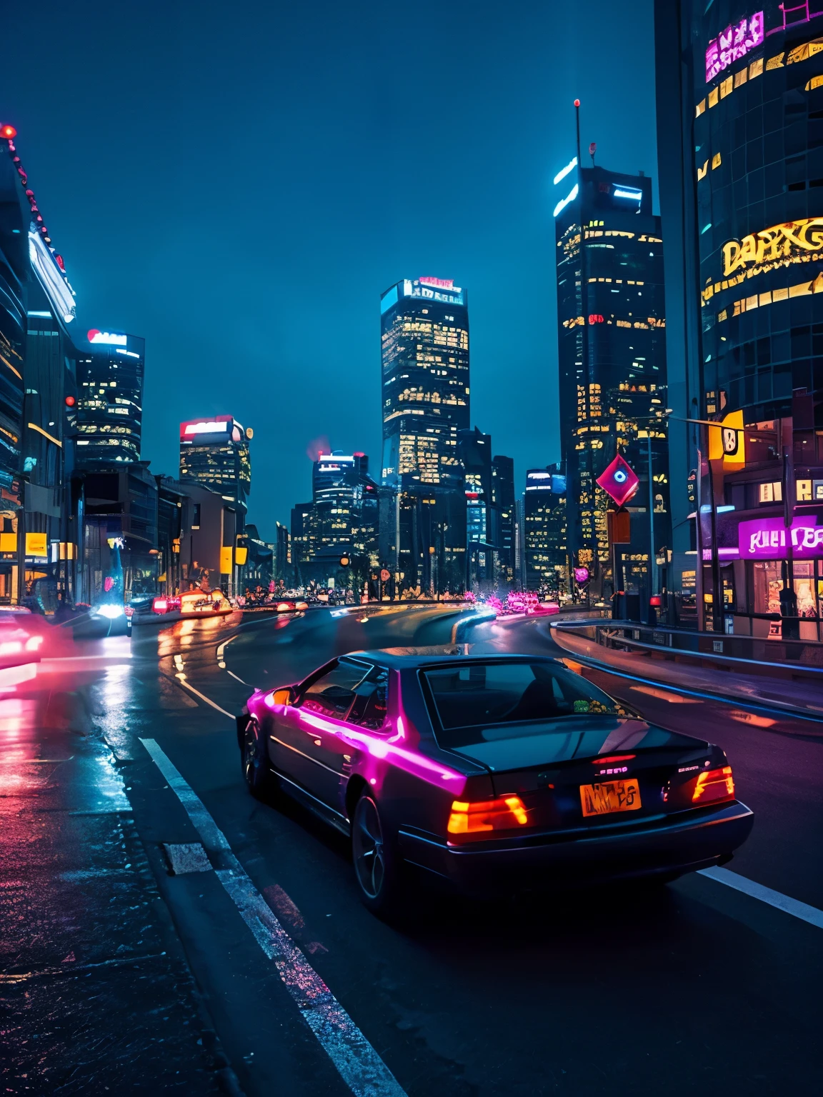 Describe a skyline picture of a future city at night, Neon lights flashing,Speeding car shuttle.