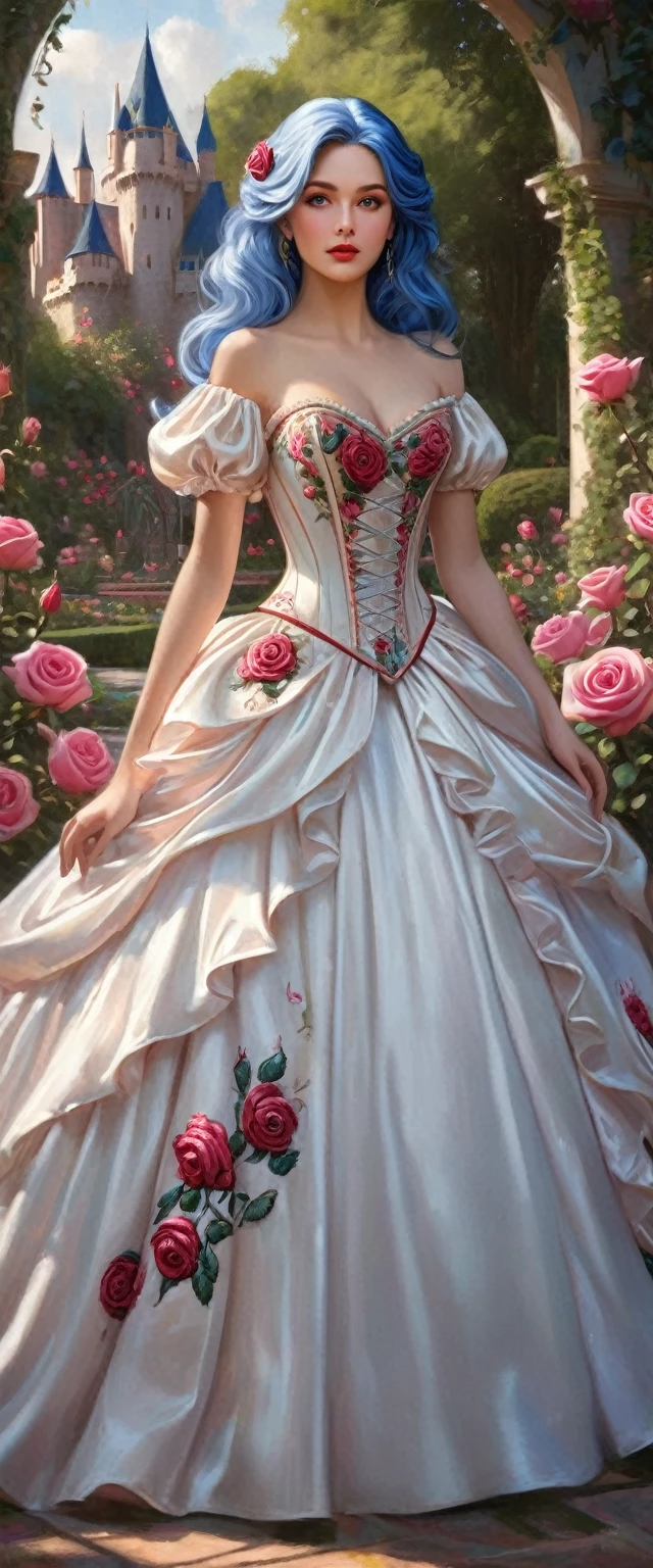 This is realistic fantasy artwork set in the castle's enchanted rose garden. Generate a proud woman with a highly detailed face dressed in the billowing folds of a stunning French silk ballgown. The woman's sweet face is ((((highly detailed, with realistic features and soft, puffy lips.))))  The ballgown is embellished with ruffles, sashes, and bows and a delicately, but intricately, hand-embroidered bodice. The corset features silk ribbon. The woman's stunning eyes are beautifully blue hair pink detailed, featuring realistic shading and multiple colors and high resolution. The woman is in a garden of eternal roses, each one beautifully formed and highly detailed. These realistic roses feature shimmering shades of pink, yellow, orange, and glimmering red. The eternal rose is a deep shade of red with shimmering pink overtones and undertones. Ensure that the woman's face, hair, and eyes are perfect. realism, high fantasy, whimsical fantasy, storybook fantasy, fairytale fantasy, fantasy details, enchanting, bewitching, 8k, hires, cgi, digital painting, unity, unreal engine, (((masterpiece))), intricate, elegant, highly detailed, majestic, digital photography, art by artgerm and ruan jia and greg rutkowski, (masterpiece, finely detailed beautiful eyes: 1.2), hdr, realistic skin texture, (((1woman))), (((solo))), Include a highly detailed face, extremely detailed face, and interesting background.