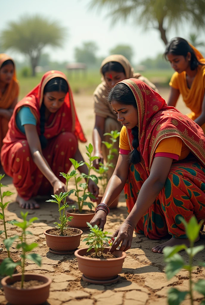 No rain for a long time so Indian women growing plants
