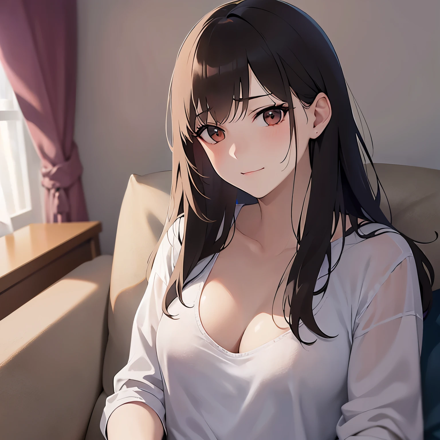 cinematic angle, looking up, Upper Body, Realistic, real person, (pale skin: 1.2), RAW photo, photorealistic, shiny skin, shiny hair、(A 2 woman with medium-length hair and bangs) and (wavy hair) and (brown hair) and (orange eyes) , White T-shirt 、Cleavage、Sad smile, (embarrassed:1.3), Sofa in the background、Alone、