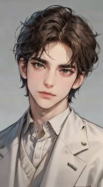 masutepiece, Best Quality, Realistic, 1man, matured male, Quiet and charming young man, 2, closing eye, Serious look, extra detailed face, ((dark grey eyes)), ((Short right sweep dark brown hair)), [Thick eyebrows], detective, Plain background, ((Suit)), Cinematic lighting, gaze at the audience, Postural dynamics