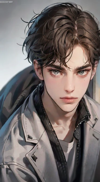 masutepiece, Best Quality, Realistic, 1man, matured male, Quiet and charming young man, 2, closing eye, Serious look, extra detailed face, ((dark grey eyes)), ((Short right sweep dark brown hair)), [Thick eyebrows], detective, Plain background, ((Suit)), Cinematic lighting, gaze at the audience, Postural dynamics
