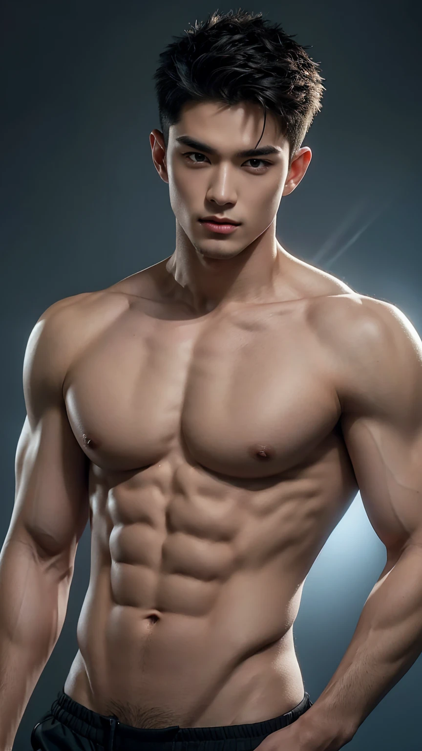 a shirtless male model with a hot and sexy mangga look, chiseled jawline, piercing eyes, full lips, muscular physique, dynamic pose, dramatic lighting, vivid colors, cinematic composition, (best quality,4k,8k,highres,masterpiece:1.2),ultra-detailed,(realistic,photorealistic,photo-realistic:1.37),studio lighting,extreme detail description,professional