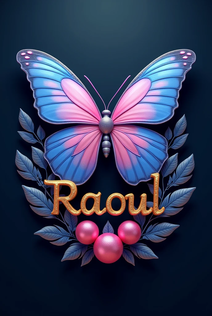 Une illustration 3D vibrante représentant un papillon magnifiquement détaillé aux ailes bleues et roses, positionné au-dessus du nom Raoul dans un élégant lettrage doré. Le motif est agrémenté de trois sphères colorées et encadré de plumes luxuriantes et colorées dans des tons de bleu et de rose, sur un fond sombre.