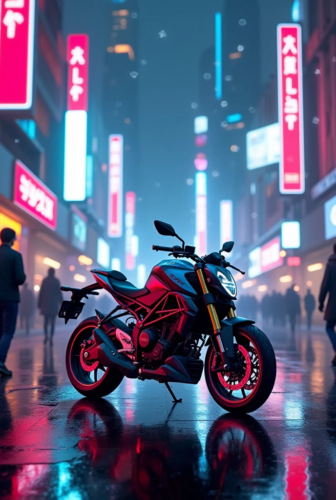 A Duke  390 bike in cyber punk with neon light  with Star and people are walking 
