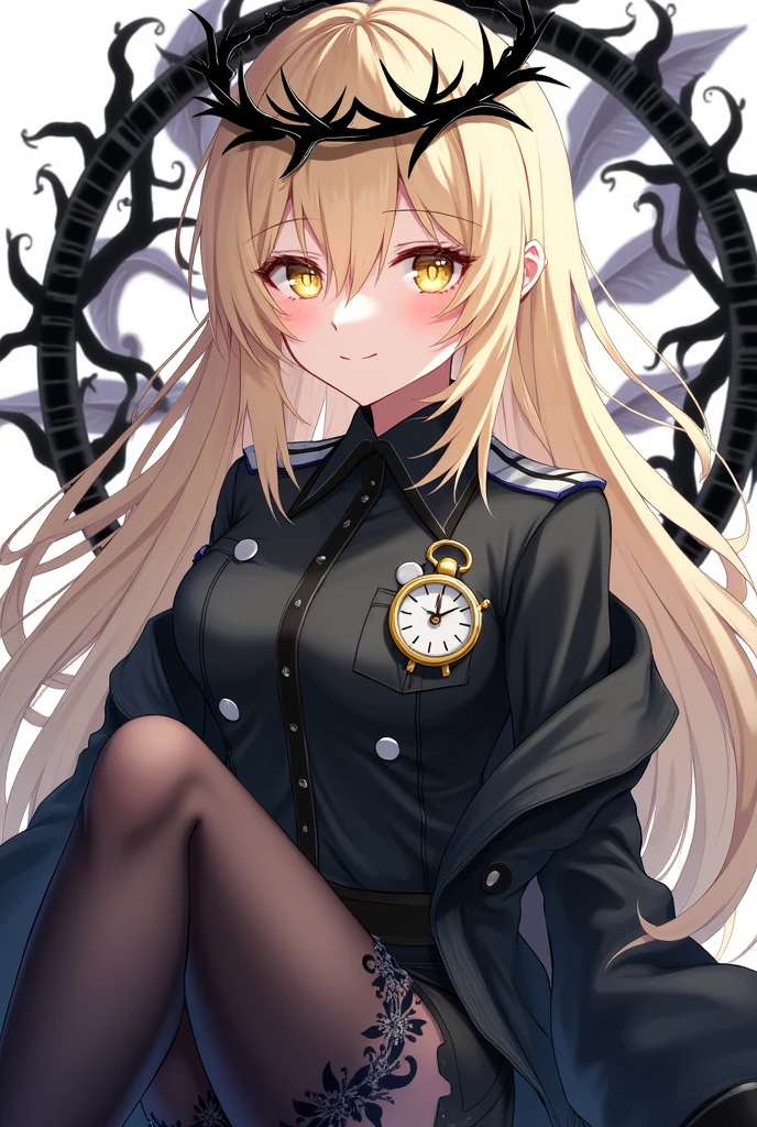 Make an anime style image of a light blonde girl with long, slightly wavy hair who has a black crown of thorns on her head, His eyes are yellow, He has a shirt similar to the one a real soldier would wear (black color and white details) On this one he has an antique watch on a pocket of his shirt, Also, he should wear a black jacket that is integrated with his shirt., She will have black tights with floral lace and high black boots.