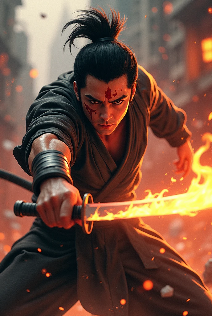 Tanjiro kamado swing a sword with burned with fire blade in battle with red Mark on his forehead with dangerous look